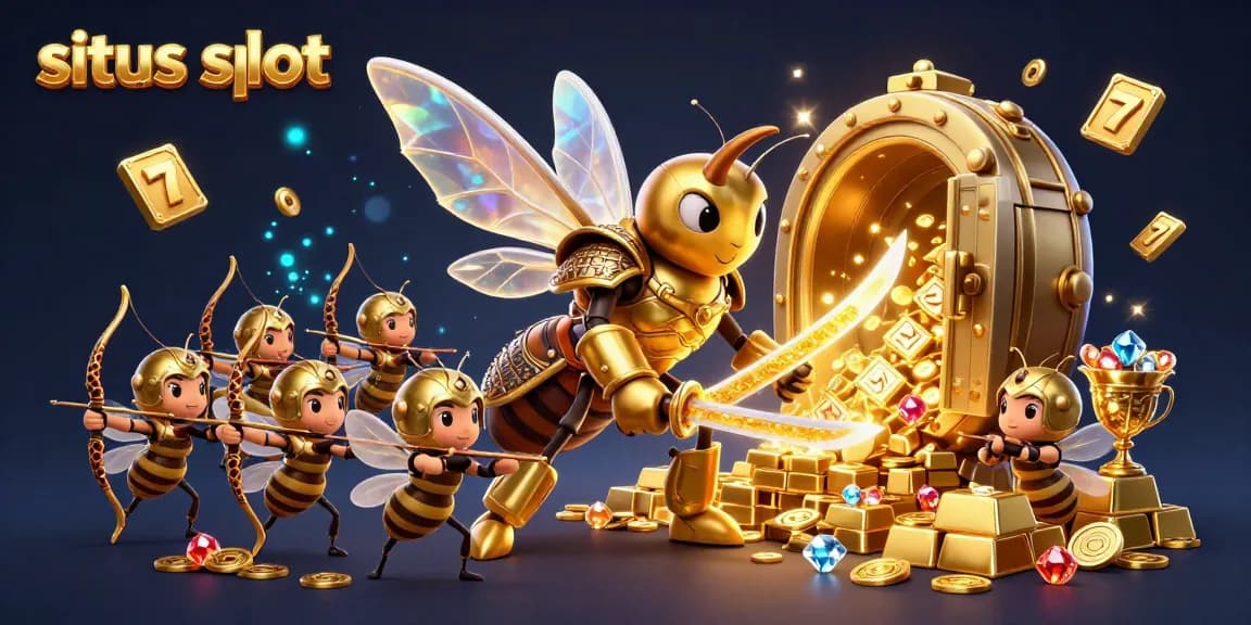 Situs slot illustration featuring a golden hornet samurai and bee archers amidst slot reels and treasures.