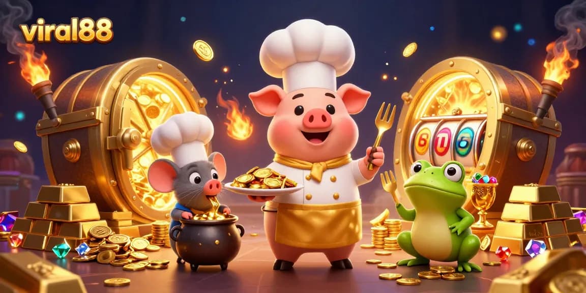 Experience the thrill of viral88 with a gourmet display of gold coins and vibrant casino elements.