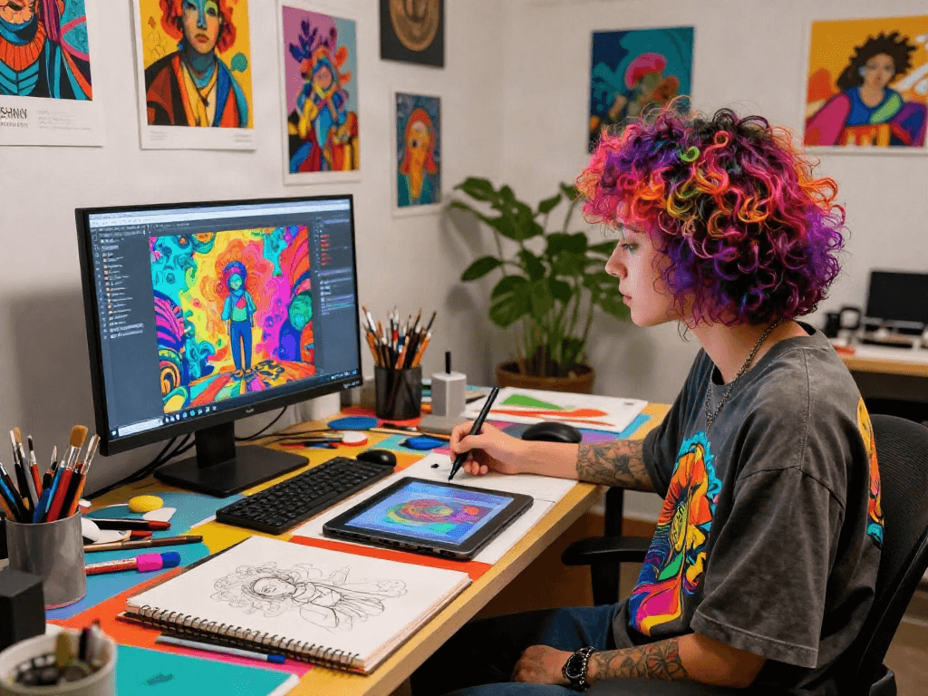 Artist creating NSFW AI art in vibrant studio space with digital tools and art supplies.