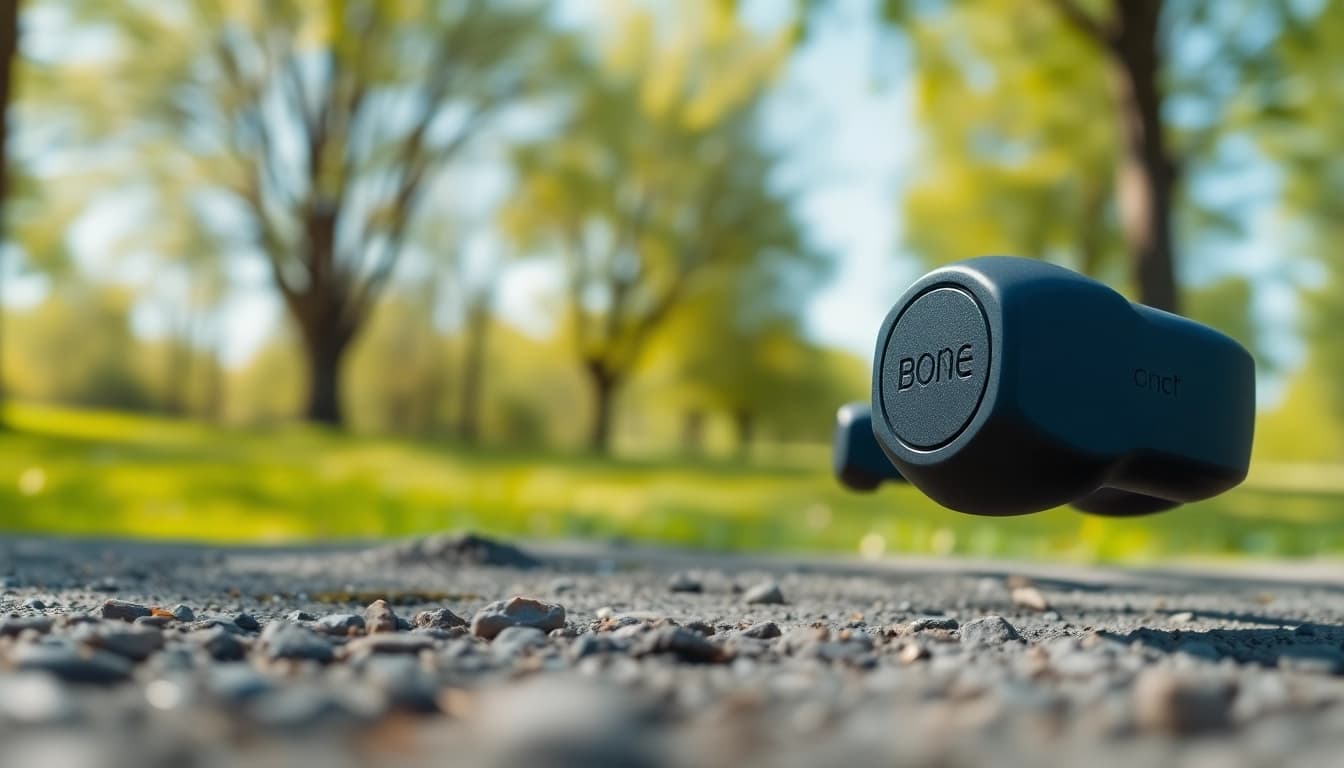 Person wearing Bone X1 Bone Conduction Headphones enjoying music outdoors in a vibrant park.