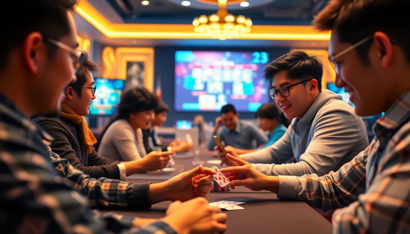 Engaging scene of online card game players at gamebaidoithuong.com.vc, showcasing vibrant gameplay with modern interfaces.