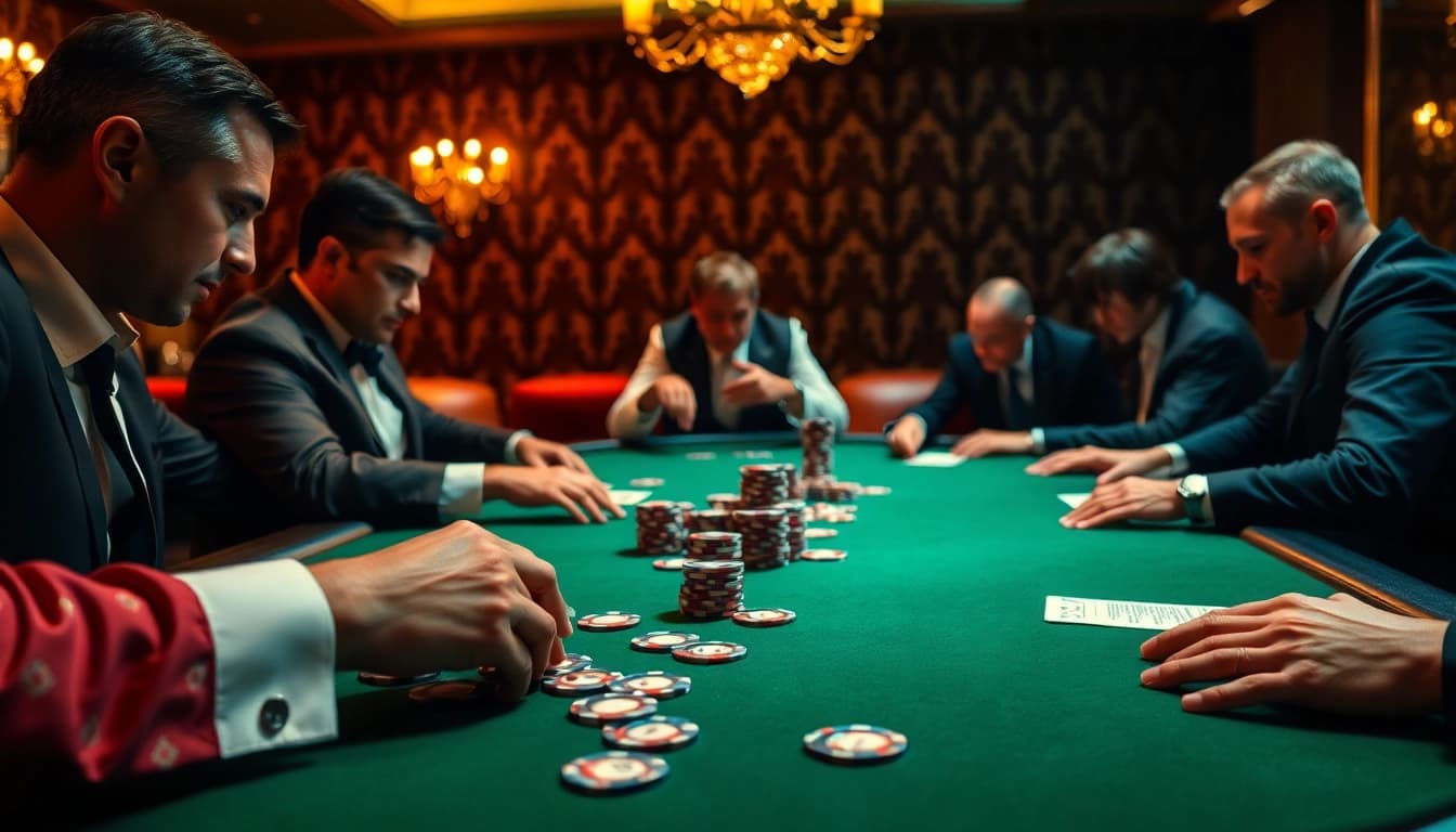 Taruhan poker intens di kasino bbni4d dengan suasana mewah dan dramatis.