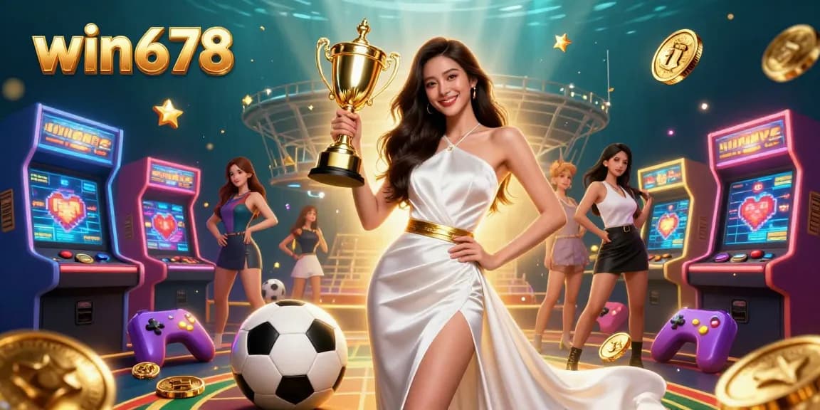 Experience the excitement of win678 with a triumphant Asian woman in a luxurious gown amidst vibrant casino games.