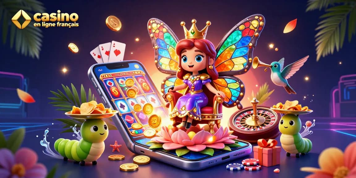 Visuel captivant de casino en ligne français avec une reine papillon et des jeux colorés.