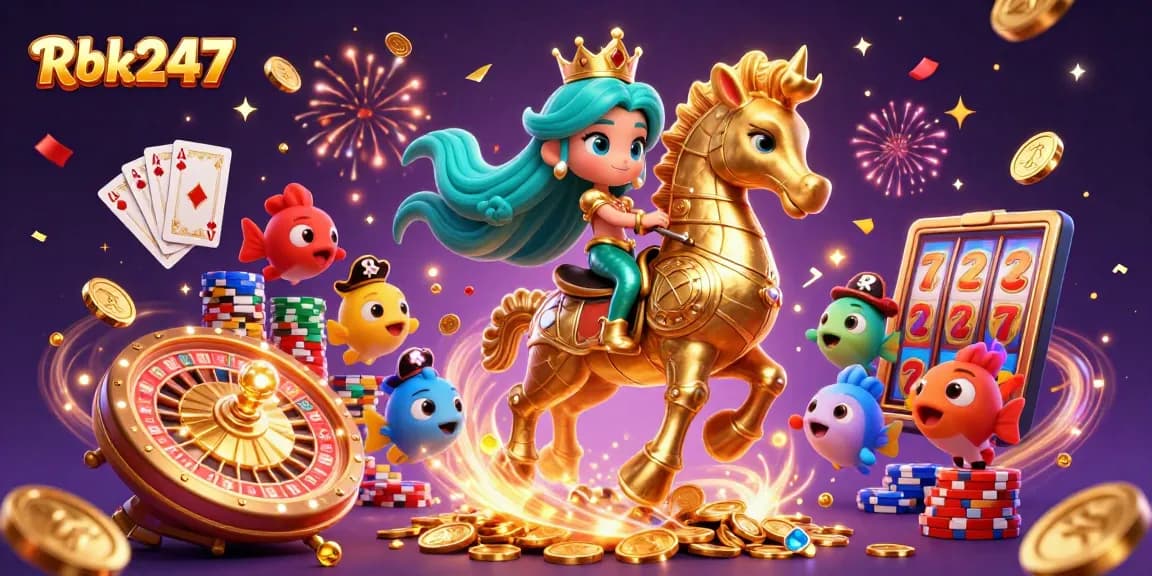 Win big with Rbk247's vibrant casino scene featuring a mermaid and a seahorse among floating treasures.