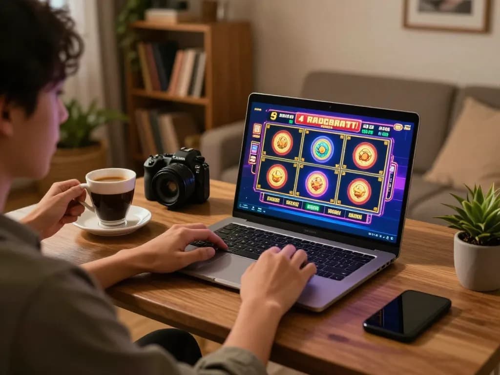 Engaged player enjoying slot gacor saat ini on laptop in cozy home environment.