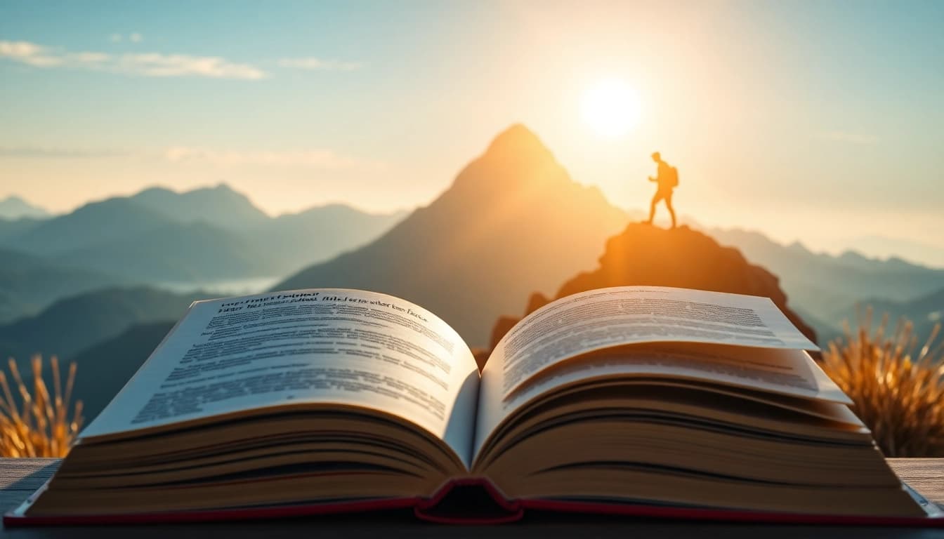 A silhouette hiking toward a peak, symbolizing the essence of a Motivational Memoir, evokes inspiration.