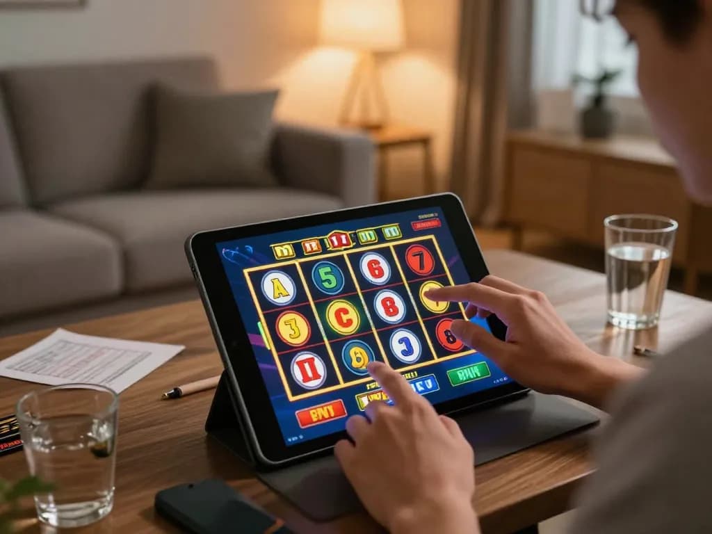 Engaging in thrilling situs slot action with a tablet in a cozy home setting.