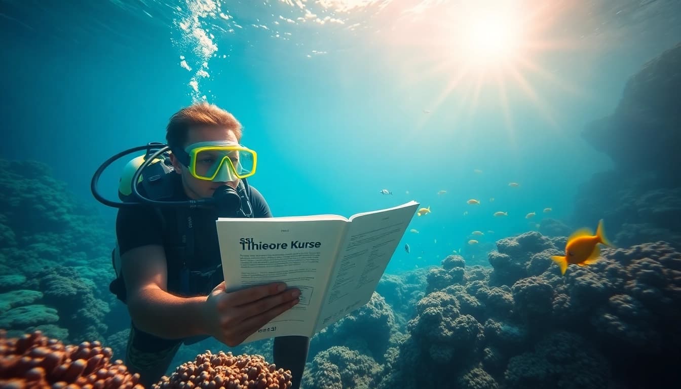 Diver immersed in SSI Theorie Kurse study materials surrounded by colorful marine life.