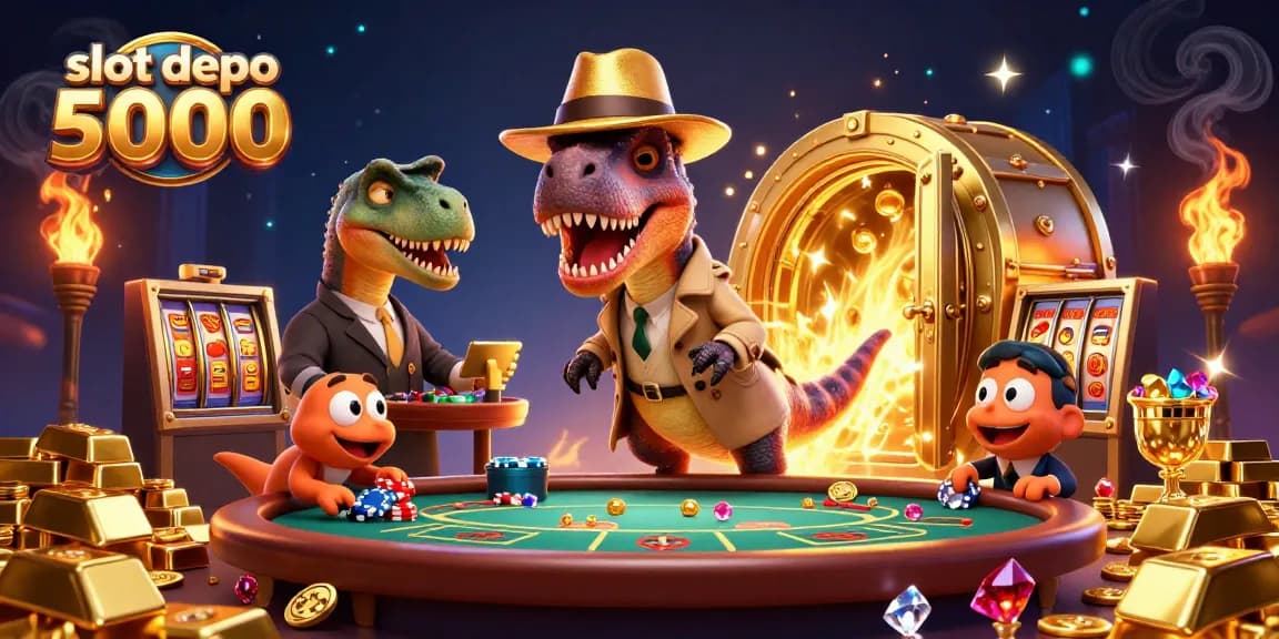 Experience excitement with slot depo 5000 as cartoon characters engage in a lively casino scene.