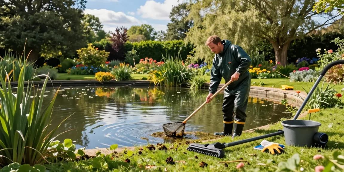Pond Clean Sussex service showcasing a technician cleaning a vibrant pond surrounded by greenery and flowers.