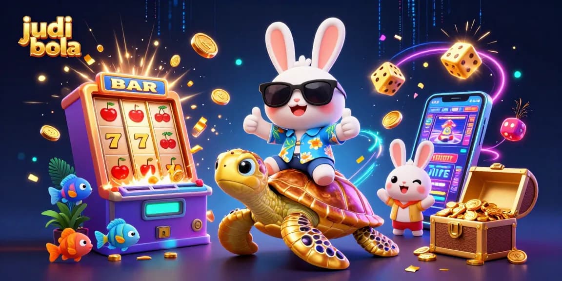 Win big with judi bola as a lucky rabbit rides a golden turtle in a vibrant casino scene.