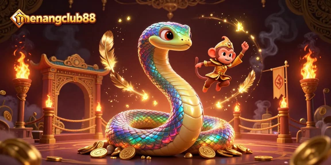 Experience the thrill of playing at menangclub88 with a vibrant 3D casino scene filled with dynamic characters and colorful elements.