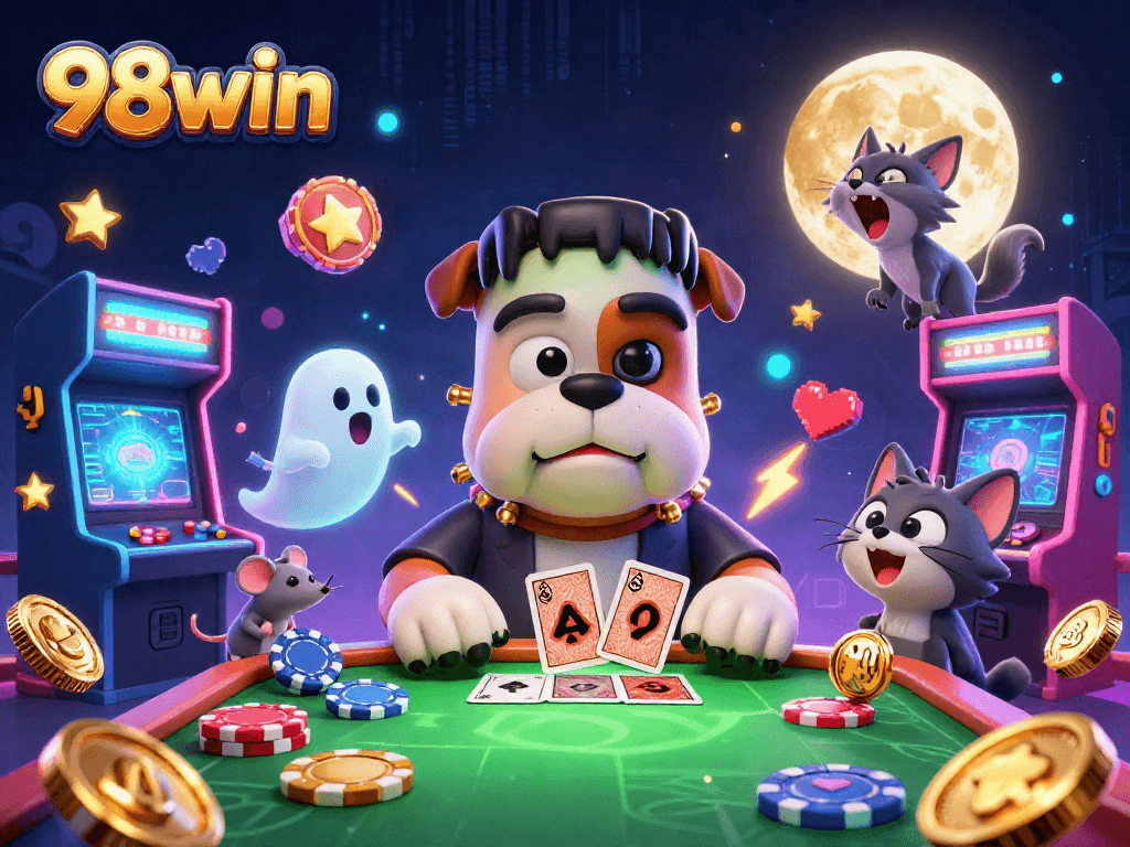 Join the fun at 98win with this thrilling casino scene featuring unique characters and vibrant slot elements.