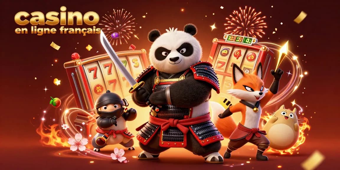 Casino en ligne français : ambiance festive autour d'un panda samouraï et un renard ninja en action.