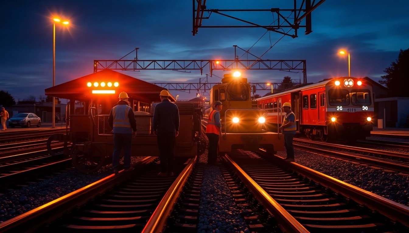 Emergency Railroad Repair Services crew conducting urgent track repairs with specialized equipment.