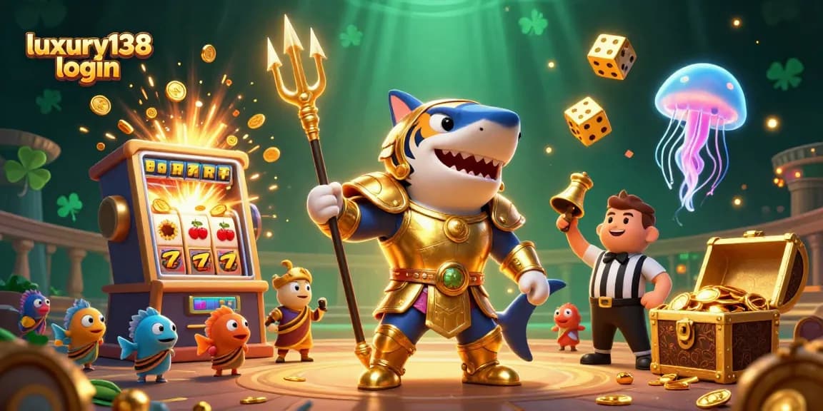 Experience thrilling wins with luxury138 login as a tiger shark celebrates in a vibrant underwater casino.