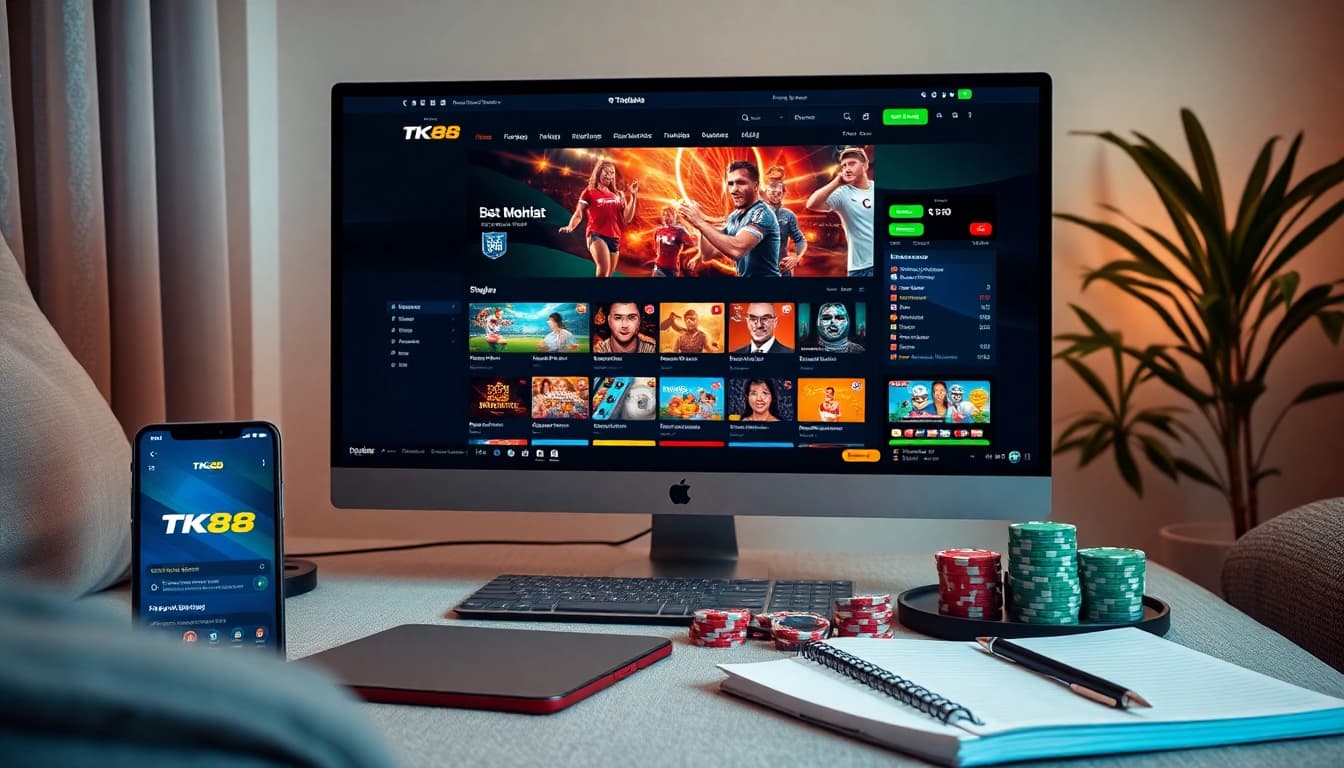 Engaging online gambling interface showcasing tk88win.live with luxury casino elements.