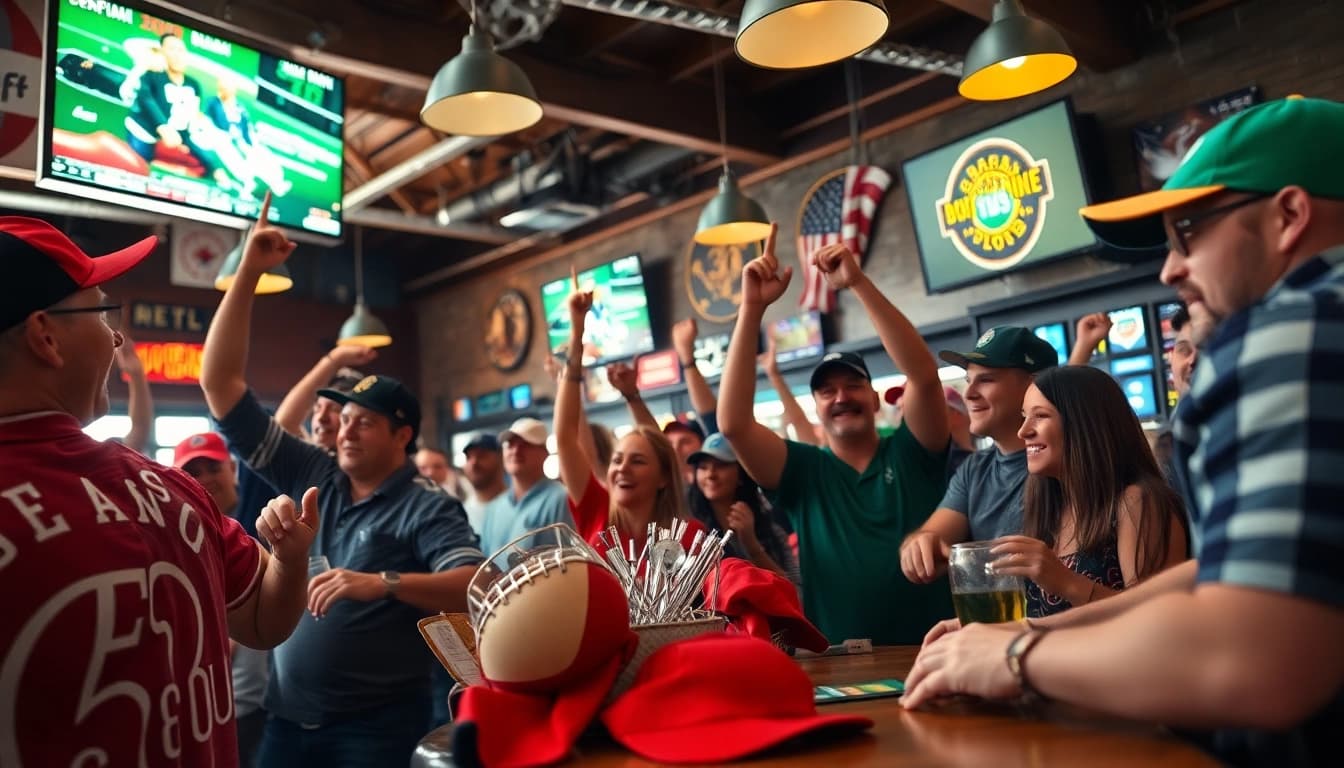 Engaged fans celebrating at online sportsbooks Oklahoma-themed sports event.