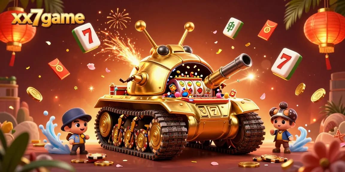 Experience the thrill of XX7game with a vibrant 3D casino illustration showcasing dynamic slots and festive elements.