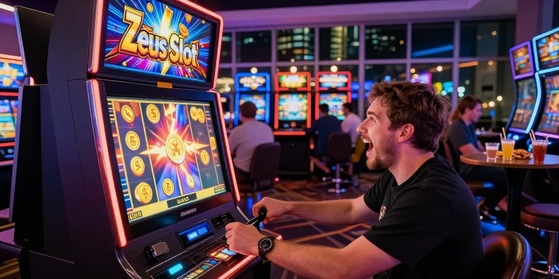 Exciting gaming experience at Zeus Slot machine in a vibrant casino.