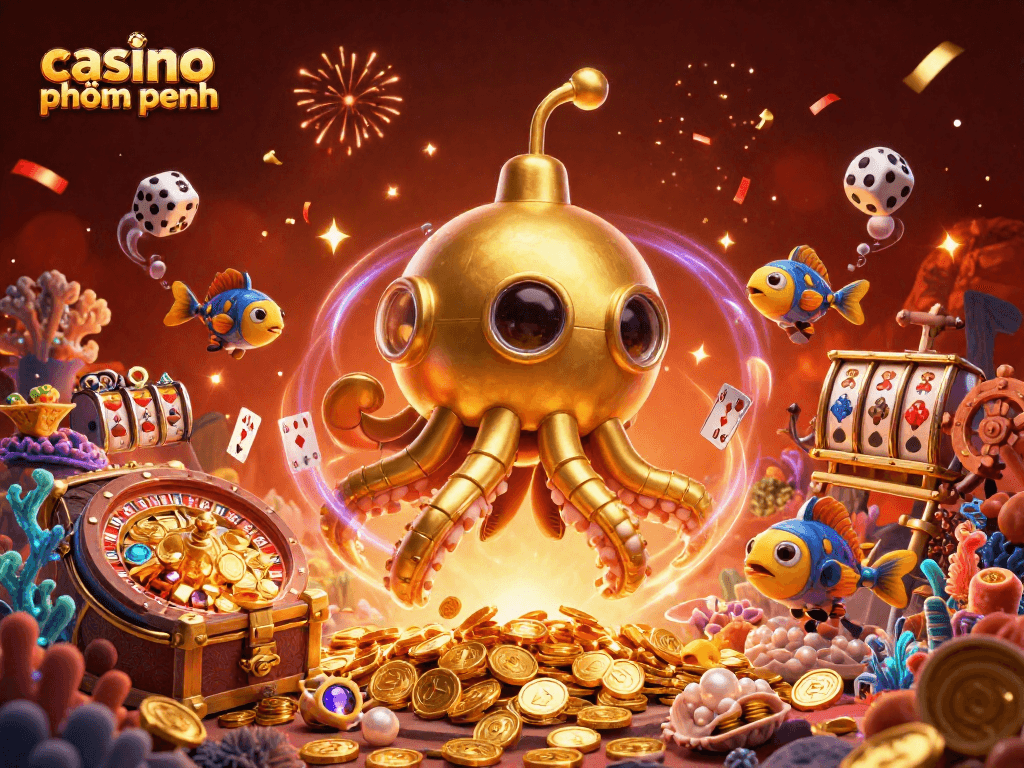 Experience thrilling gameplay at casino phnom penh with a vibrant illustration of a kraken submarine surfacing amidst coins.