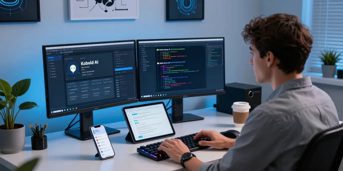 Kobold AI interactive chatbot environment with dual screens showcasing AI conversations and coding details.