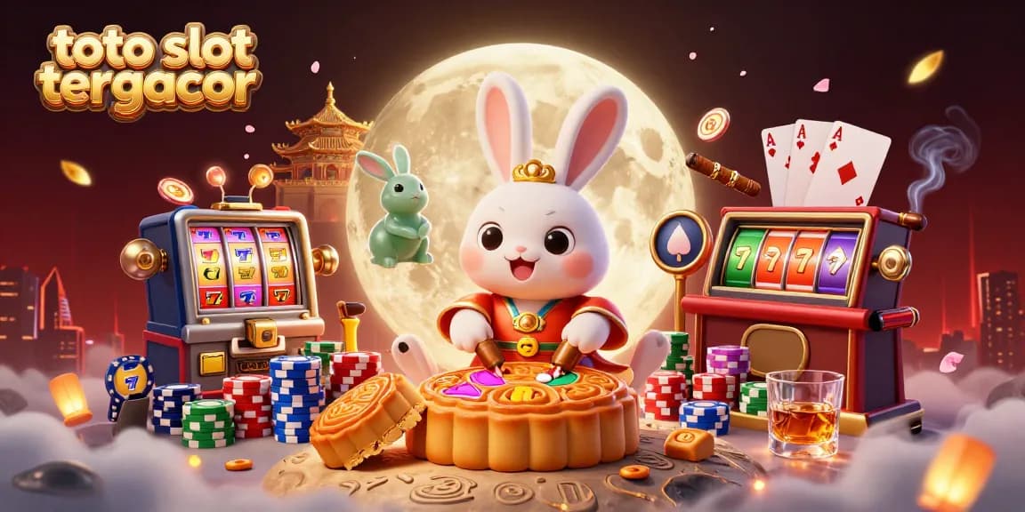 Engage with the thrilling world of toto slot tergacor as a moon rabbit explores vibrant slot machines on the lunar landscape.