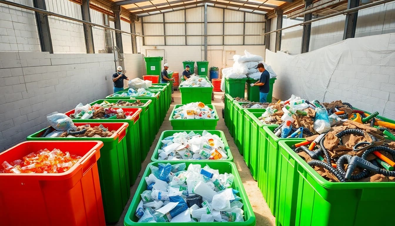 Engaging cold lake recycling facilities featuring organized bins and community involvement.