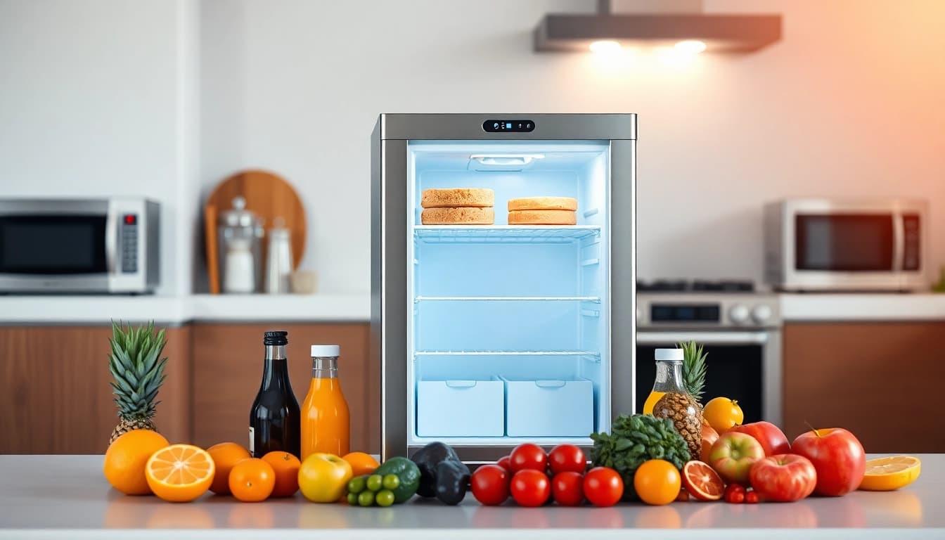 A well-organized and sleek affordable mini fridge and freezer in a modern kitchen highlighting space-saving features.