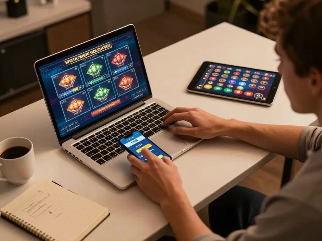 Enjoying online gaming with tt88 app on smartphone and laptop at modern workspace.