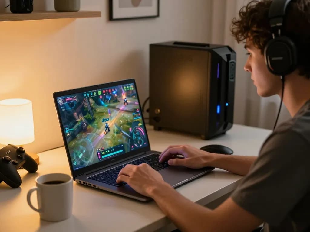 Player immersed in an engaging nsfw game on a laptop, showcasing strategic gameplay at home.