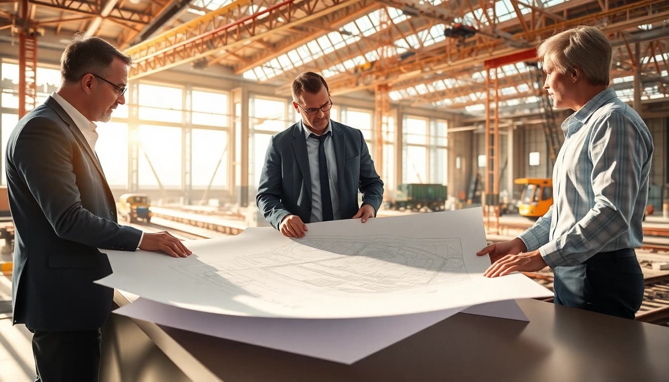 Railroad Design Consultants working on blueprints at a construction site.