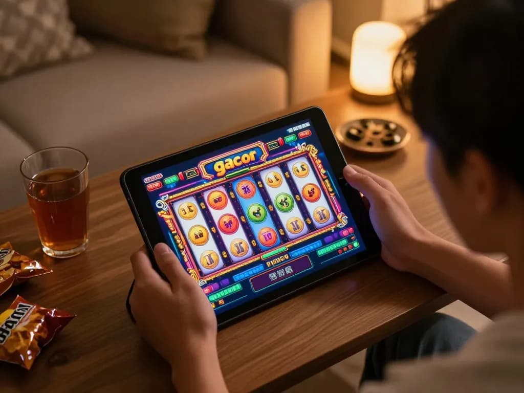 Menikmati sesi slot gacor yang mendebarkan di tablet dalam suasana rumah yang nyaman, menyoroti kegembiraan perjudian online.