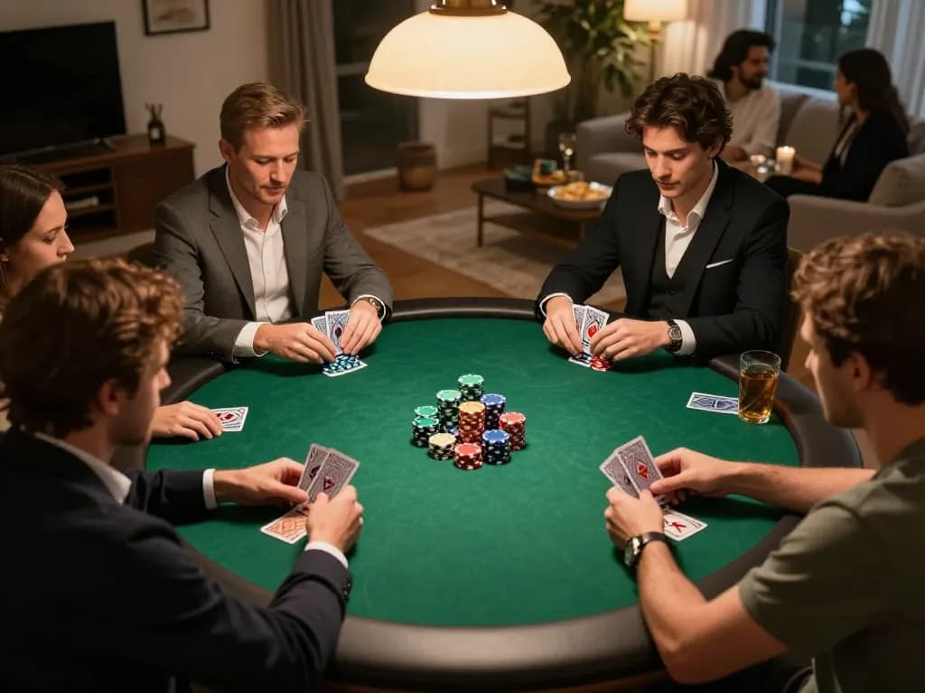 Players engaging in a poker game at home, with 58win providing an inviting social atmosphere for strategic gameplay.