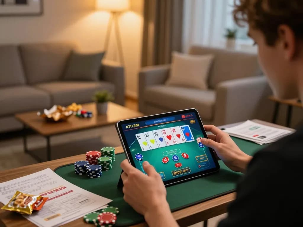 Engaged player enjoying casino non aams legali games on a tablet in a cozy living room setting.