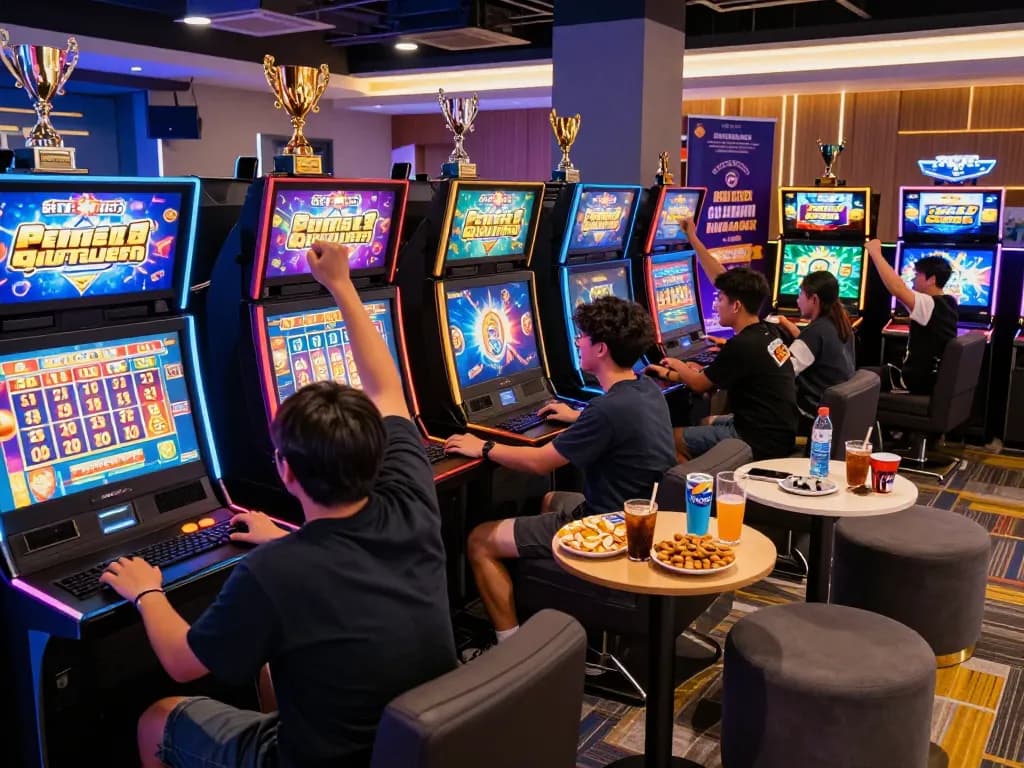 Situs slot gacor gaming enthusiasts celebrating big wins in a lively gaming lounge.