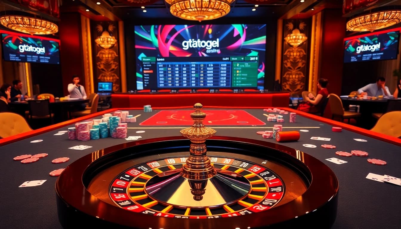 Engage with gtatogel in an upscale casino setting featuring vibrant poker chips and a roulette wheel.