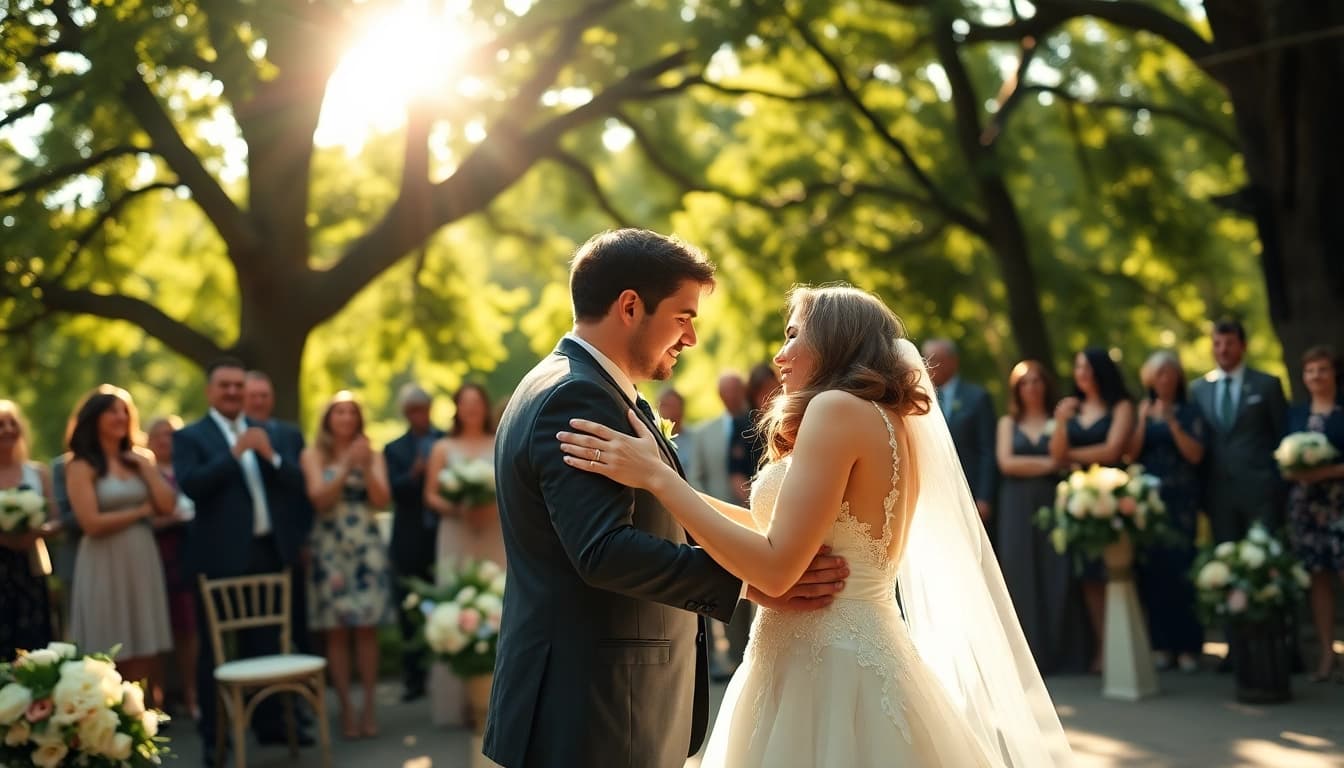 Capture genuine moments in Wedding photography with a couple's first dance under soft sunlight.