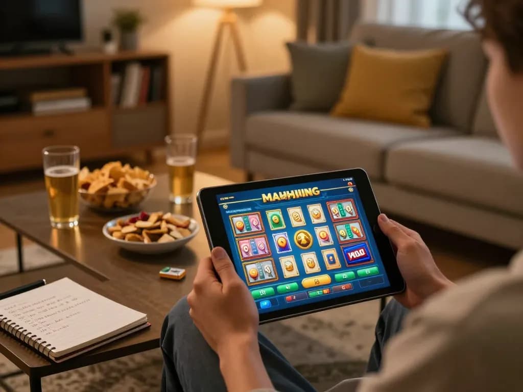 Engaging gameplay on a Mahjong slot displayed on a tablet in a cozy home setting with warm lighting.