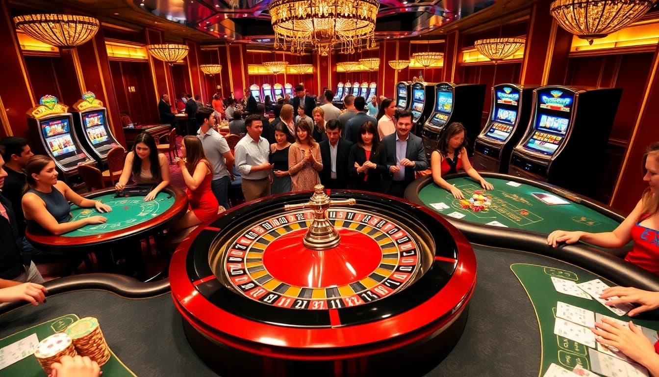 Une scène animée de joueurs profitant d'un site de casino en ligne avec des jetons de poker et une roue de roulette dans une atmosphère haut de gamme.