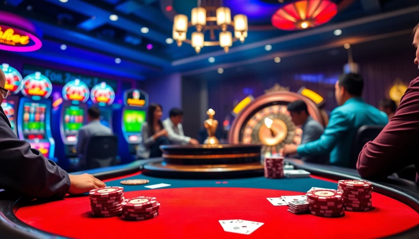 SHBET players enjoying an exciting poker game with vibrant casino elements.