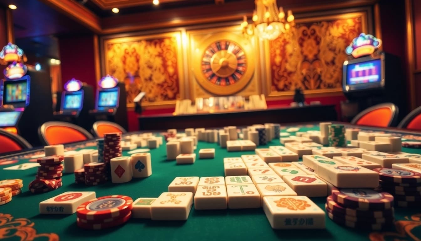 Ubin Link Mahjong yang dipasangkan secara strategis di meja kasino yang elegan dengan dekorasi berwarna-warni.