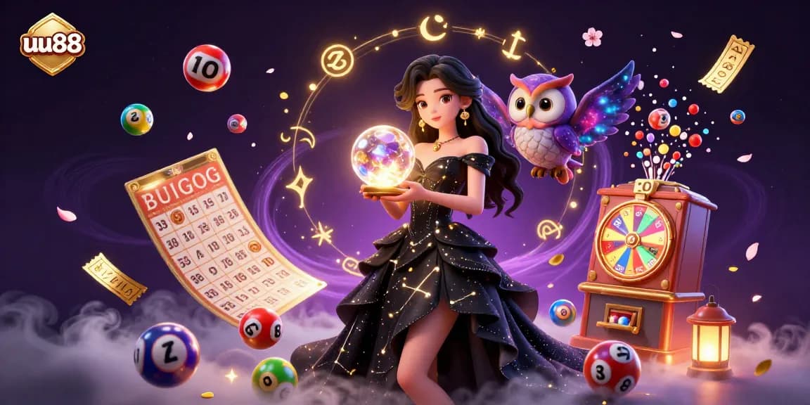 Engage with thrilling games at uu88, featuring a dazzling woman, lottery elements, and vibrant casino graphics.