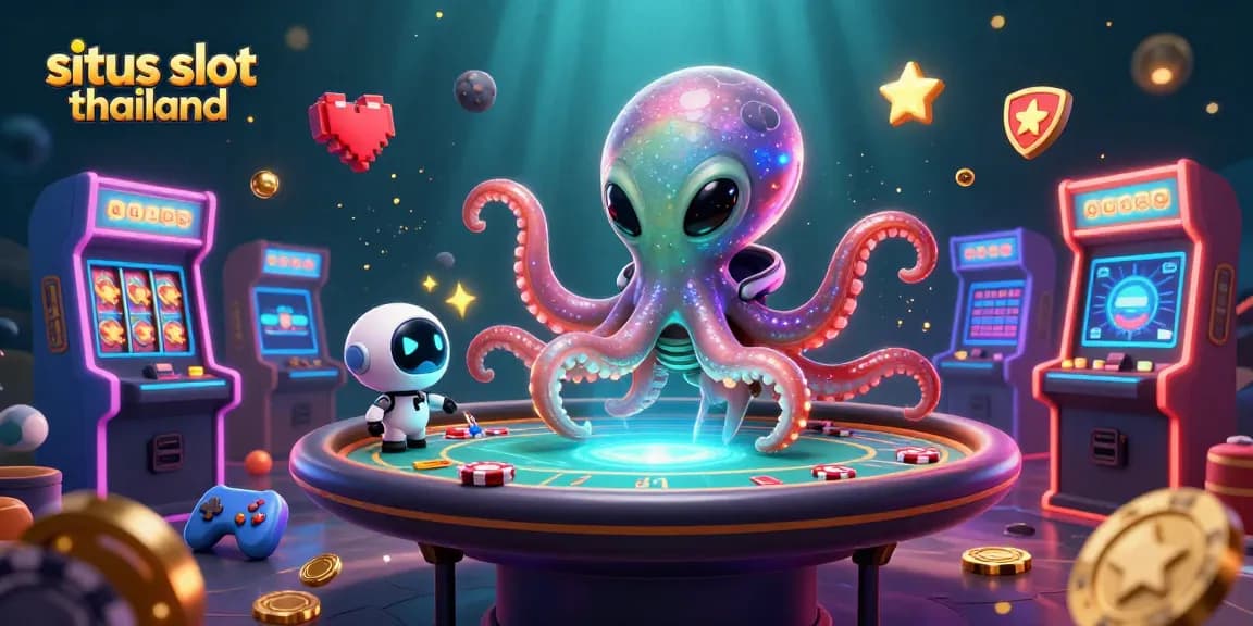 Join the fun at situs slot thailand with a vibrant scene of alien-themed gambling adventures featuring colorful slot machines and poker!