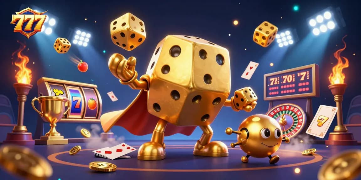 Engage with 777 slots as a golden dice golem juggles for thrilling jackpot wins.