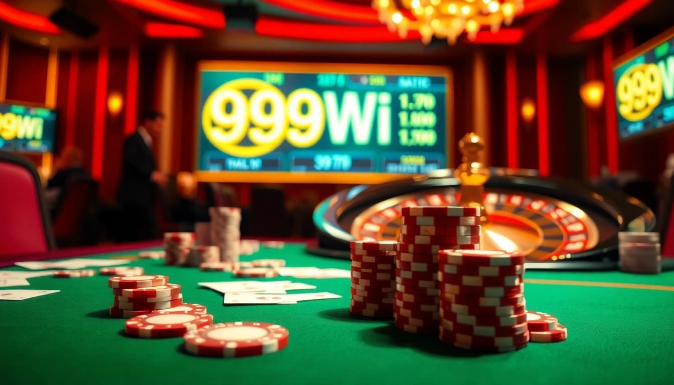 Experience the thrill of 99WIN with engaging poker action under luxurious casino lights.