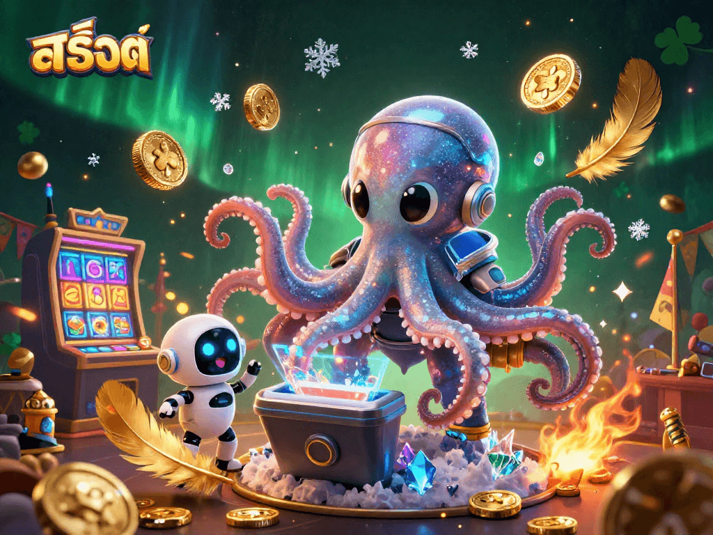 Experience thrilling สล็อต action with an alien octopus and robot at a vibrant casino