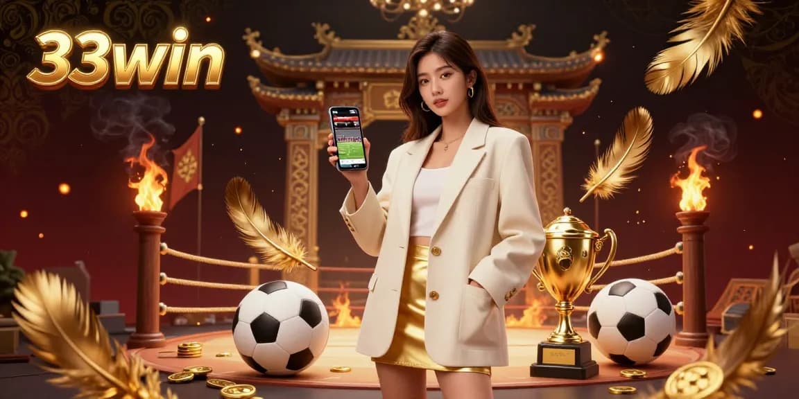 Engage with 33win's thrilling sports betting experience portrayed by an Asian woman holding a smartphone amidst betting elements.