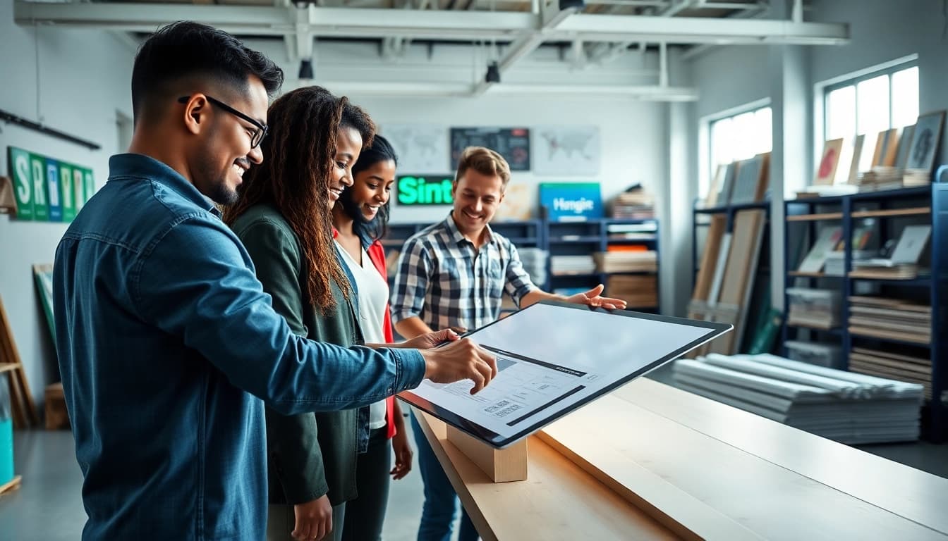 Designing creative signs at a calgary sign company showcasing vibrant materials and teamwork.